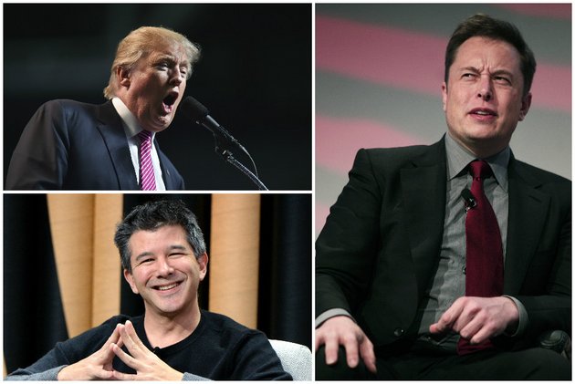 US-Präsident Donald Trump (oben), Tesla-Chef Elon Musk (rechts) und Uber-CEO Travis Kalanick: Quelle: Gründerszene