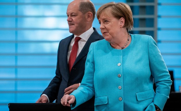 Vizekanzler Olaf Scholz und Bundeskanzlerin Dr. Angela Merkel; Bild: Michael Kappeler / dpa
