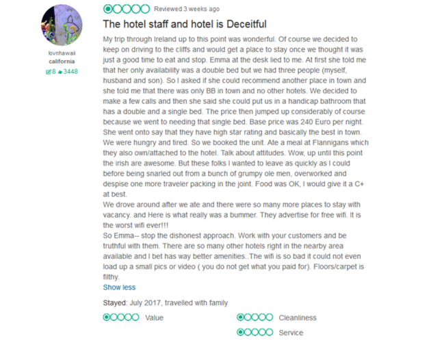 Review of the user Lovnhawaii about the Doolin Hotel © TripAdvisor