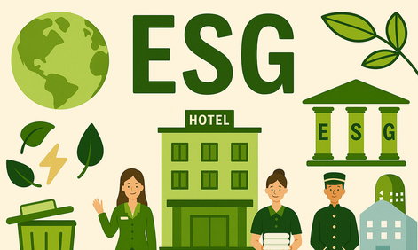 Schriftzug ESG vor illustriertem Hotel mit Angestellten