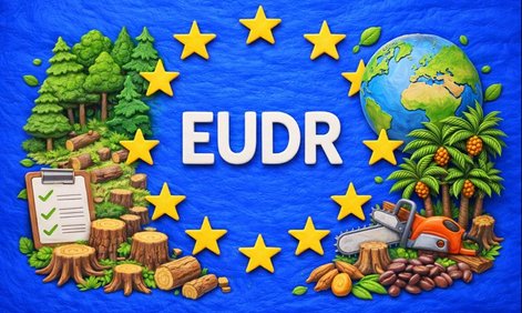 Schriftzug EUDR mit beispielhaften Wäldern, animiertes Bild