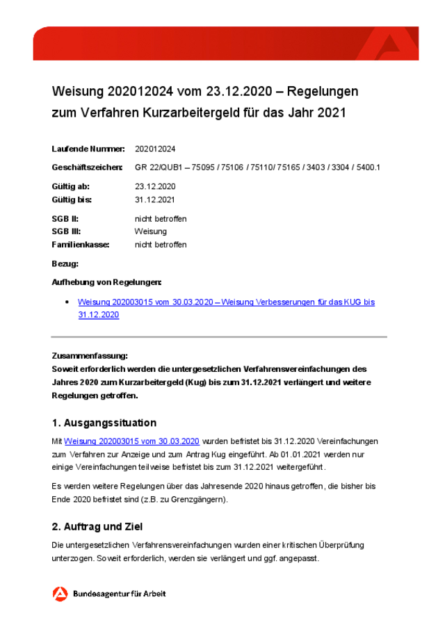 Bundesagentur für Arbeit_Fachliche Weisung 202012024 vom 23.12.2020 – Regelungen zum Verfahren Kurzarbeitergeld für das Jahr 2021