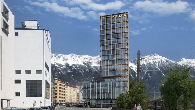 So soll der neue Pema-Turm mit einem Motel-One-Hotel beim Innsbrucker Hauptbahnhof aussehen (Visualisierung). © Architekturbüro Heinlein & Zierl