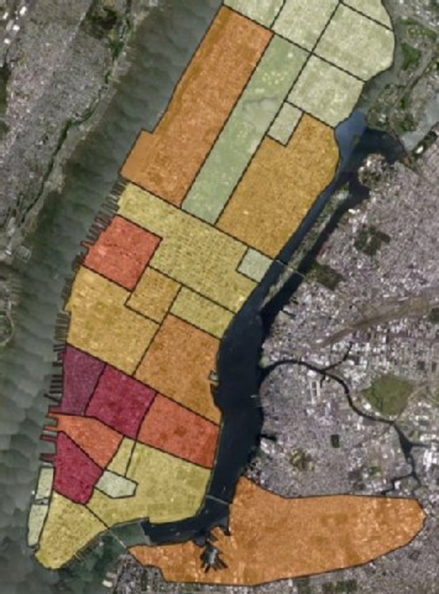 In den rot eingefärbten Bezirken des New Yorker Stadtteils Manhattan registrierte Uber besonders viele Seitensprünge. Foto: WE / Berliner Zeitung