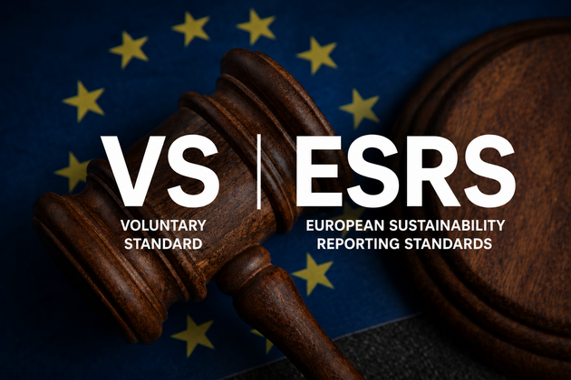 VS und ESRS Nachhaltigkeitsberichterstattungsstandards als Schriftzug vor EU-Sternen 