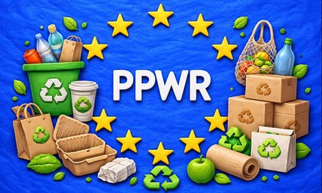 Schriftzug PPWR inmitten von beispielhaften Verpackungen, animiertes Bild