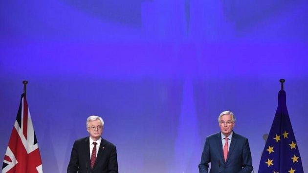 David Davis with Michel Barnier; © AFP