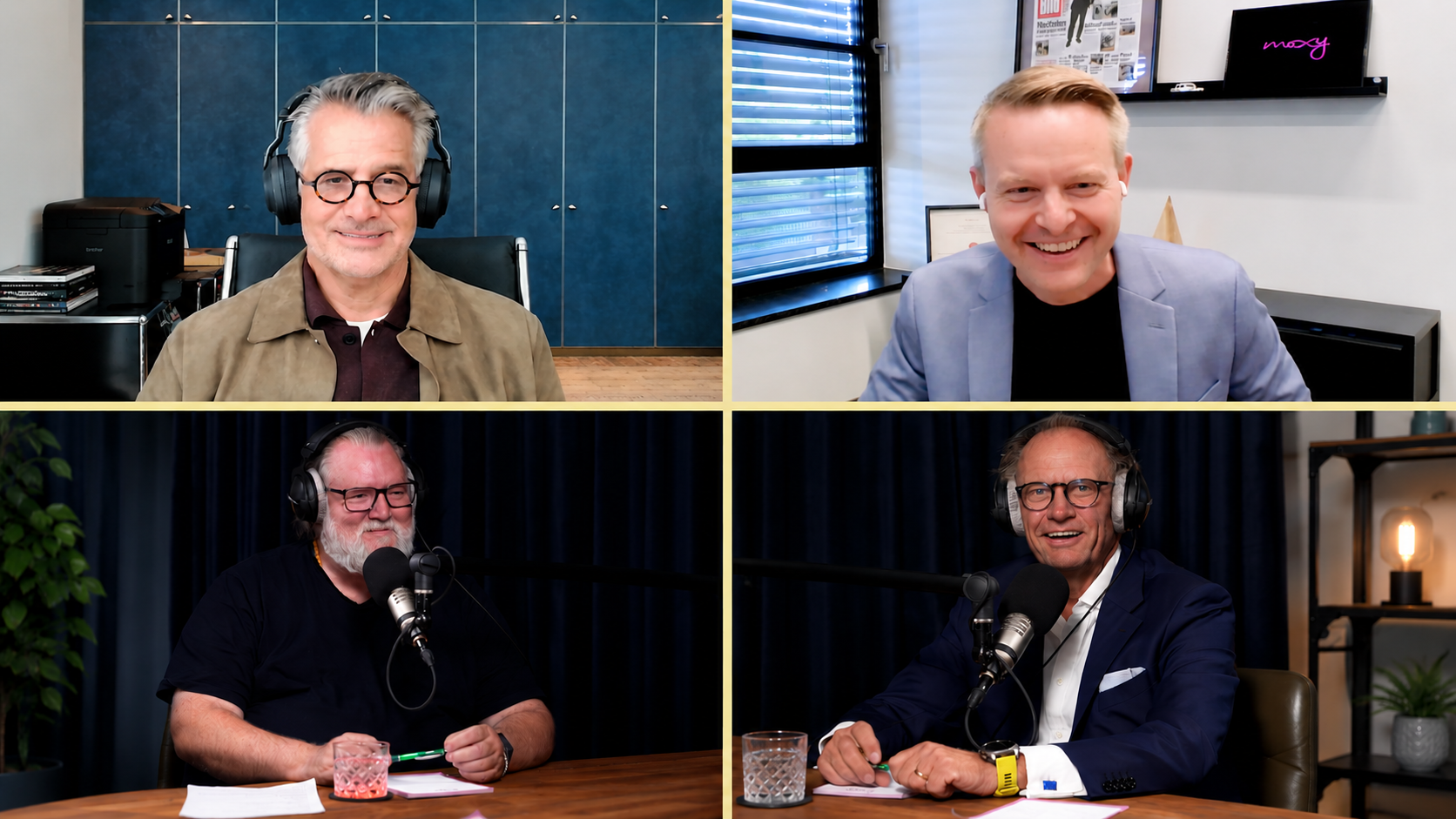 Otto Lindner, Erik Florvaag, Marc Werner und Marco Nussbaum bei der Podcastaufnahme (im Uhrzeigersinn) © Hotelverband Deutschland (IHA). 