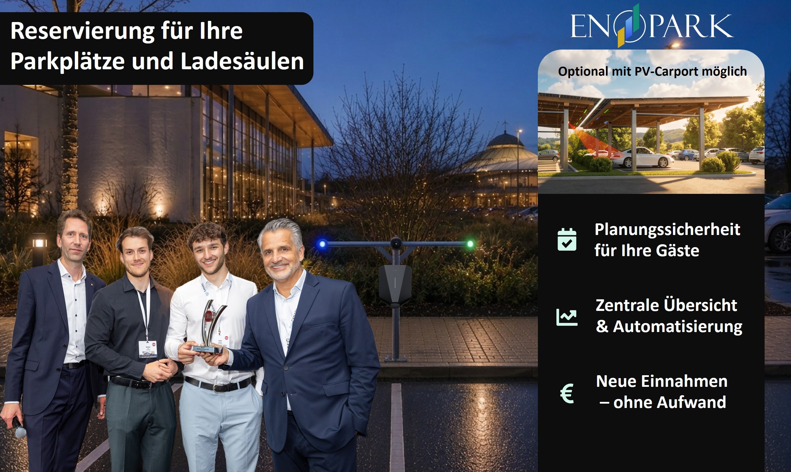 IHA Start-up-Award 2026-Gewinner Eno Park. V.l.n.r.: Tobias Warnecke (IHA), Jan Richter (Eno Park), Jakob Lenz (Eno Park) und Otto Lindner (IHA).
